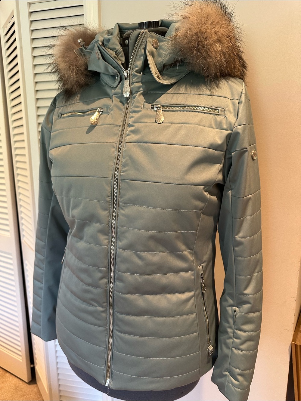 NILS Ski Jacket with Real Fur Trim - Sage Green